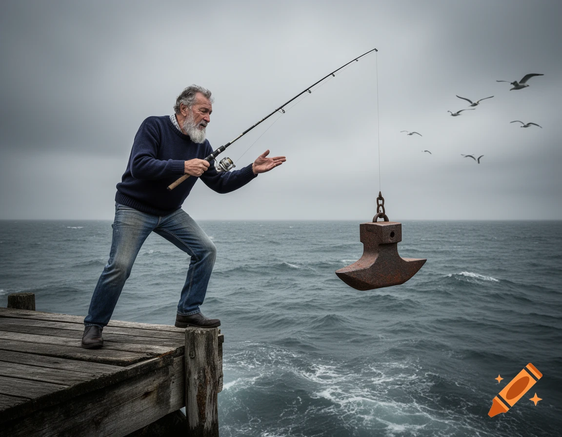 An old man fishes a rusty anvil from the choppy sea off a wooden pier under a grey sky, with seagulls flying. Photorealistic.