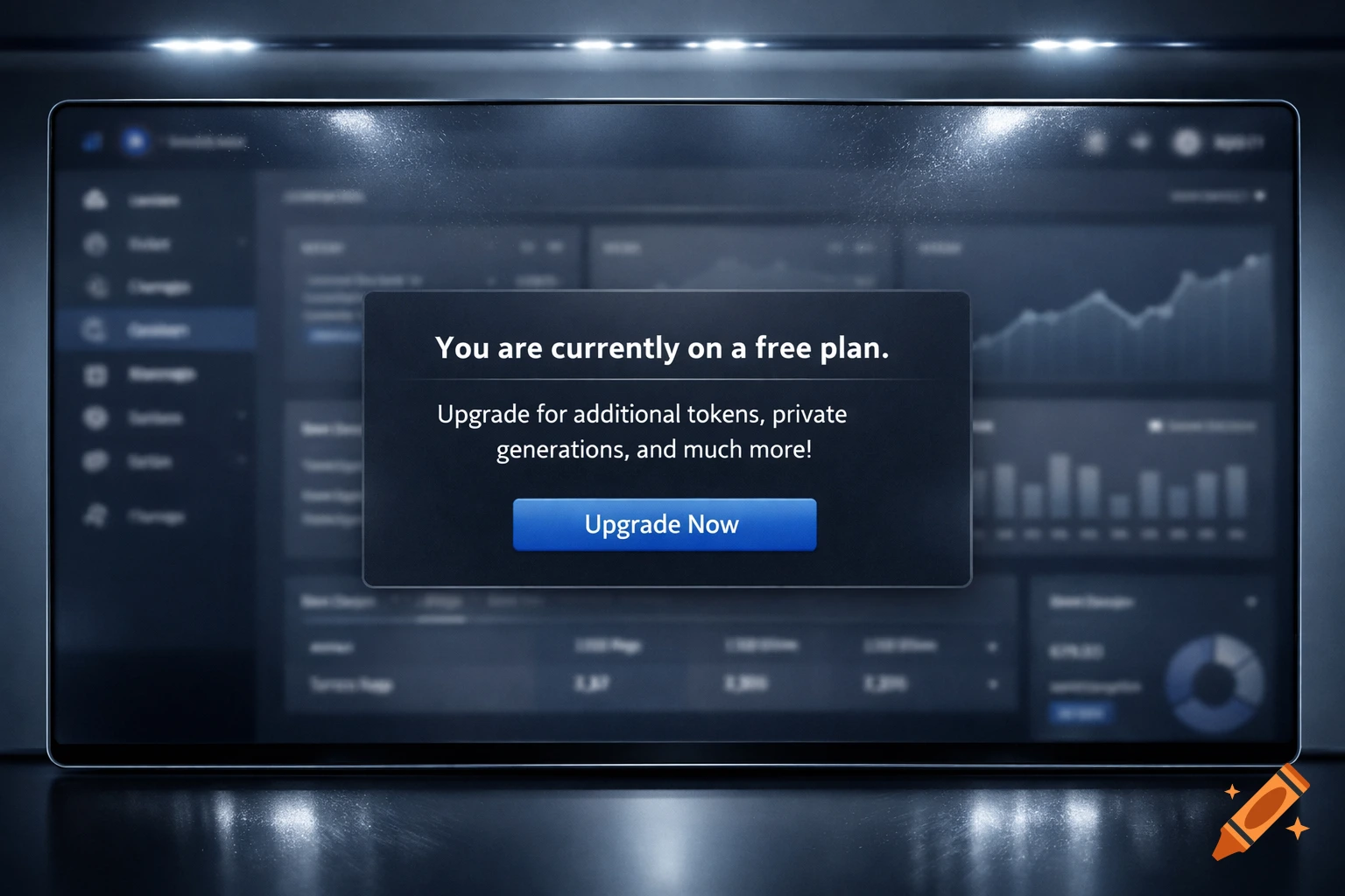 A digital screen displays a dark user interface with a central pop-up reading: 'You are currently on a free plan. Upgrade for additional tokens, private generations, and much more!' below a blue 'Upgrade Now' button.