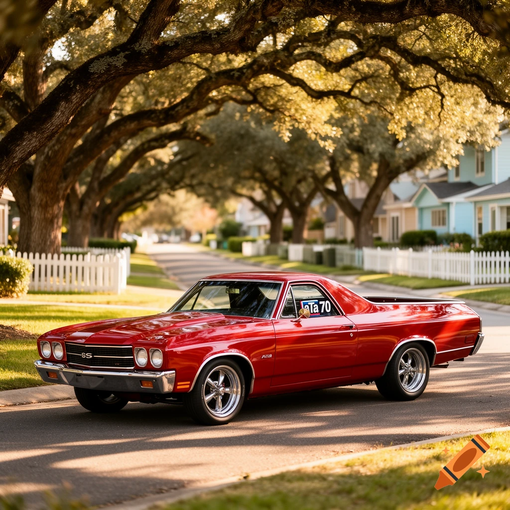 A shiny red classic car, resembling a Chevrolet El Camino, parked on a sunny residential street with arching trees overhead.