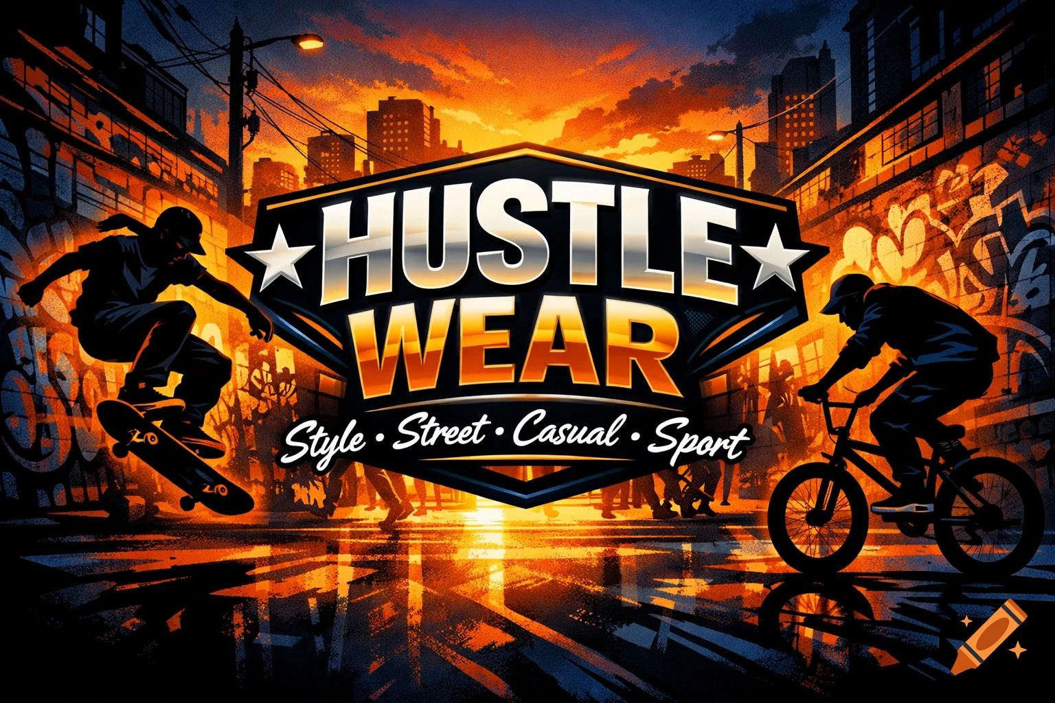 Stylized illustration of a skateboarder and BMX rider in an urban street at sunset, flanking a 'HUSTLE WEAR' logo.