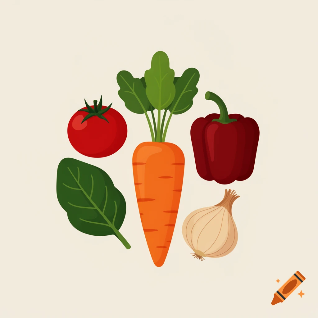 An illustration of a tomato, carrot, bell pepper, spinach leaf, and onion arranged in a circular pattern.