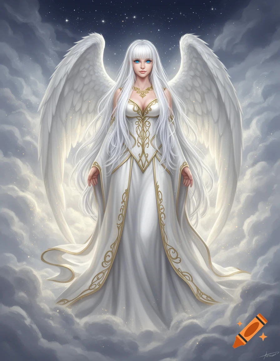 A beautiful angelic woman with long white hair and vivid blue eyes ...