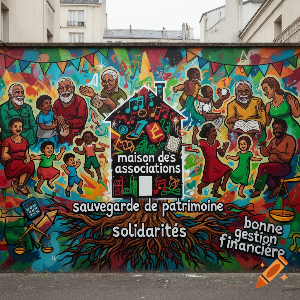 A vibrant street art mural depicts diverse community members of all ages, dancing, reading, and interacting, surrounding a house filled with musical notes and symbols. French text labels various concepts like "maison des associations" and "solidarités" amidst roots at the bottom.