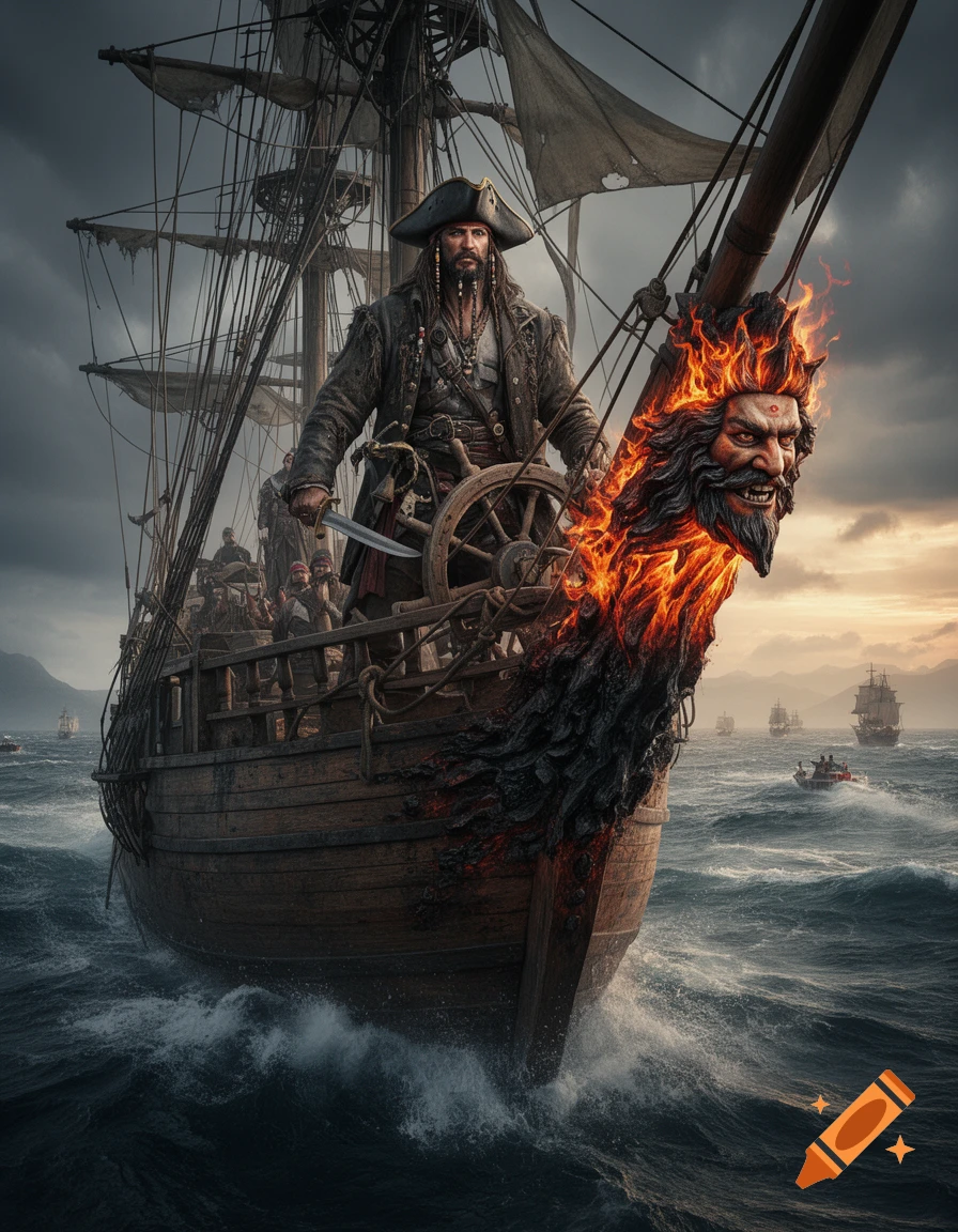 A fierce pirate captain with a beard and a tricorne hat stands at the helm of his ship, which has a flaming, monstrous figurehead. The ship sails on a stormy sea under a dark sky.