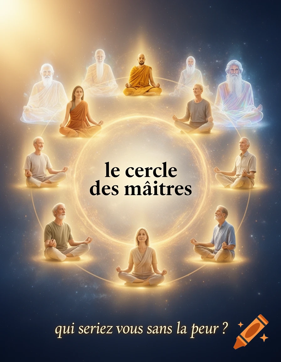 A digital art image of people meditating in a glowing circle, some appearing as ethereal masters, with French text.