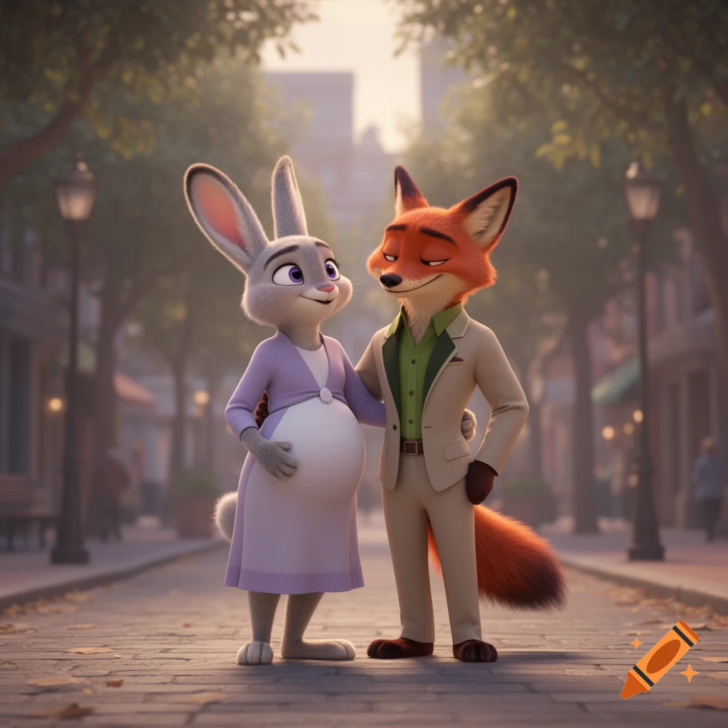 Judy Hopps, a pregnant rabbit, and Nick Wilde, a fox, stand embracing on a cobblestone street in a 3D animated style.