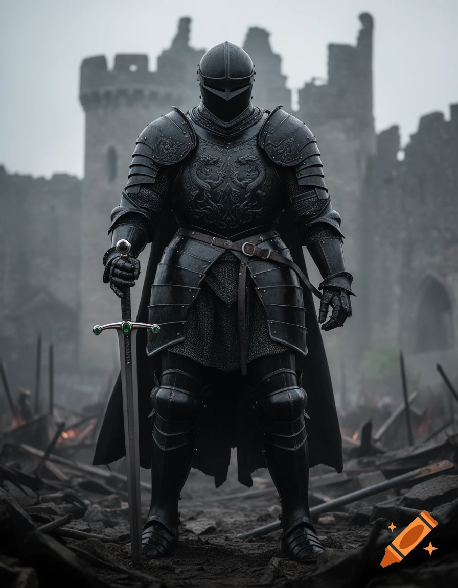 A black armored knight stands with a sword amidst the rubble of a battlefield, with a ruined castle in the misty background.