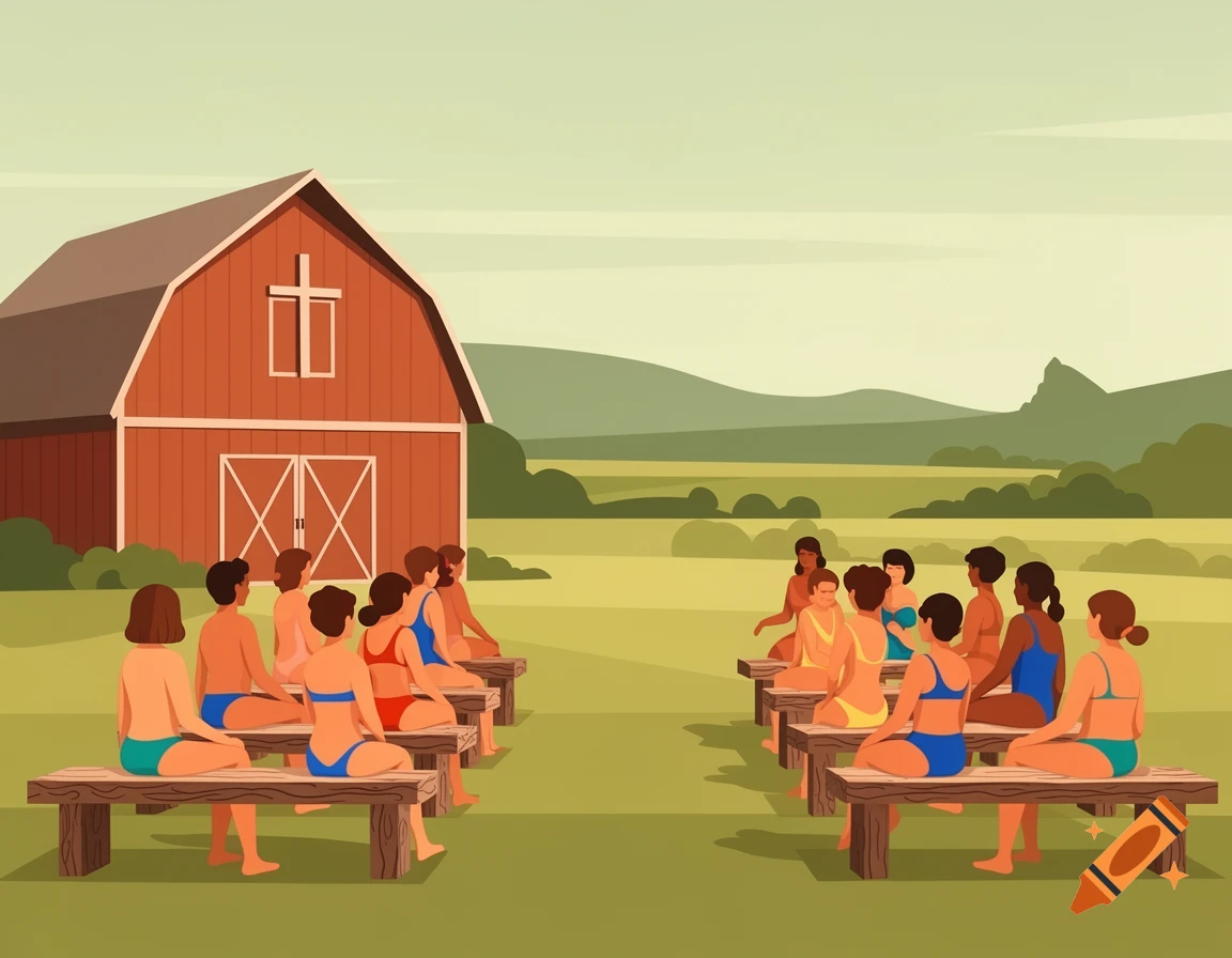 Graphic art of people in bathing suits sitting on benches at an outdoor Christian service in front of a barn with a cross.