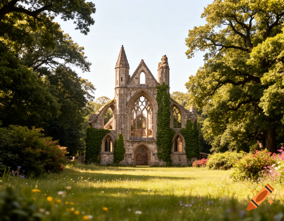 Photorealistic view of a majestic ruined English abbey amidst a vibrant green meadow and ancient trees.