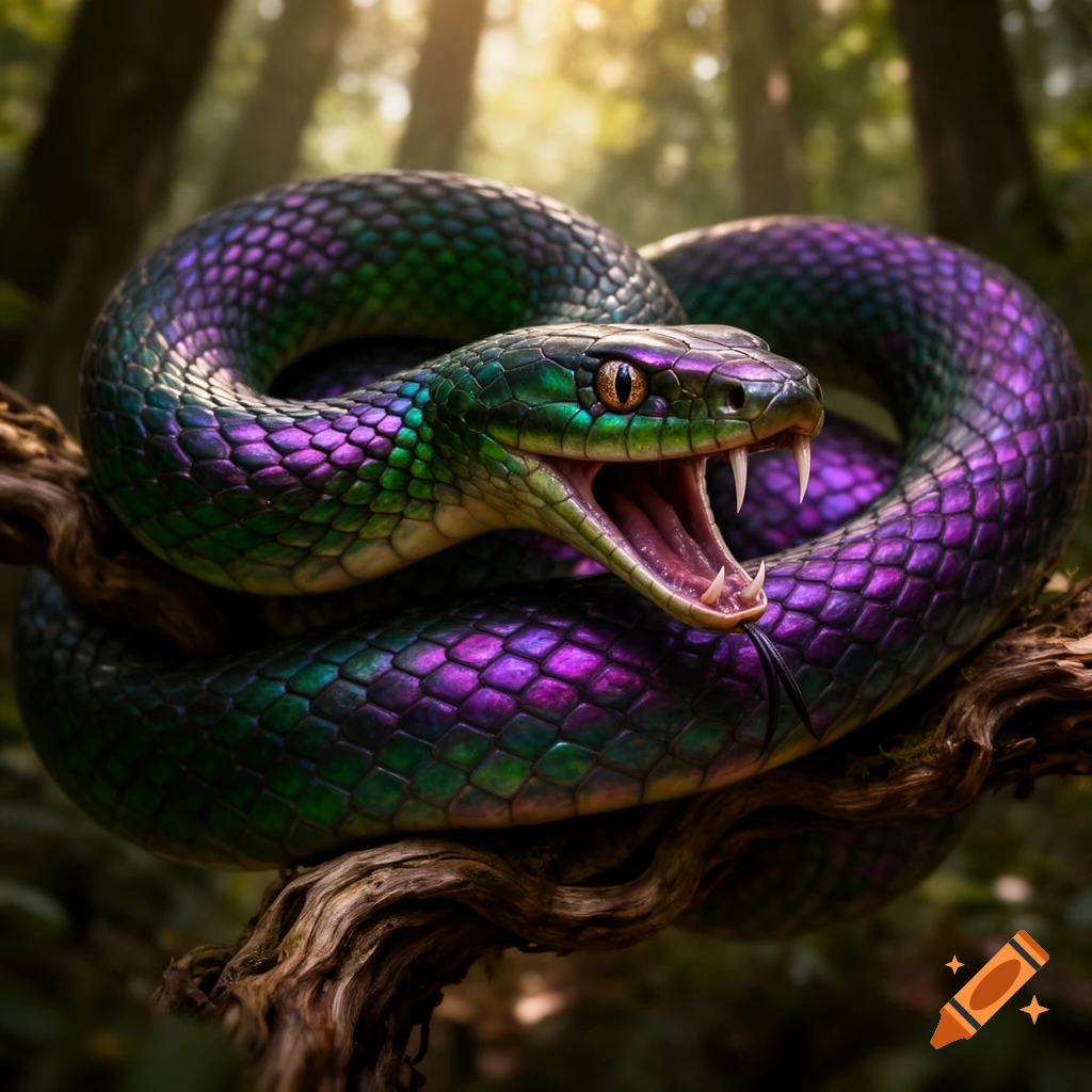 A vibrant iridescent green and purple snake with fangs exposed coils on a branch in a sun-dappled forest.