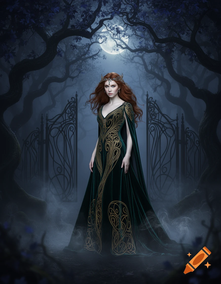 A red-haired woman in a flowing dark green Art Nouveau dress with gold patterns and a crown stands before ornate gates under a full moon in a misty dark forest.