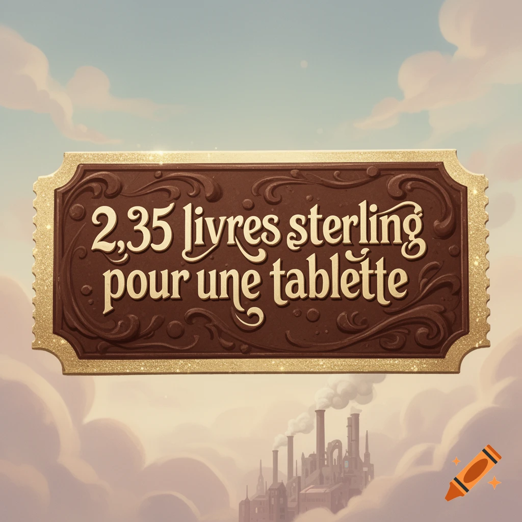 A whimsical chocolate-brown price tag with gold glitter border, displaying '2,35 livres sterling pour une tablette' above a fantasy factory landscape under a cloudy sky.
