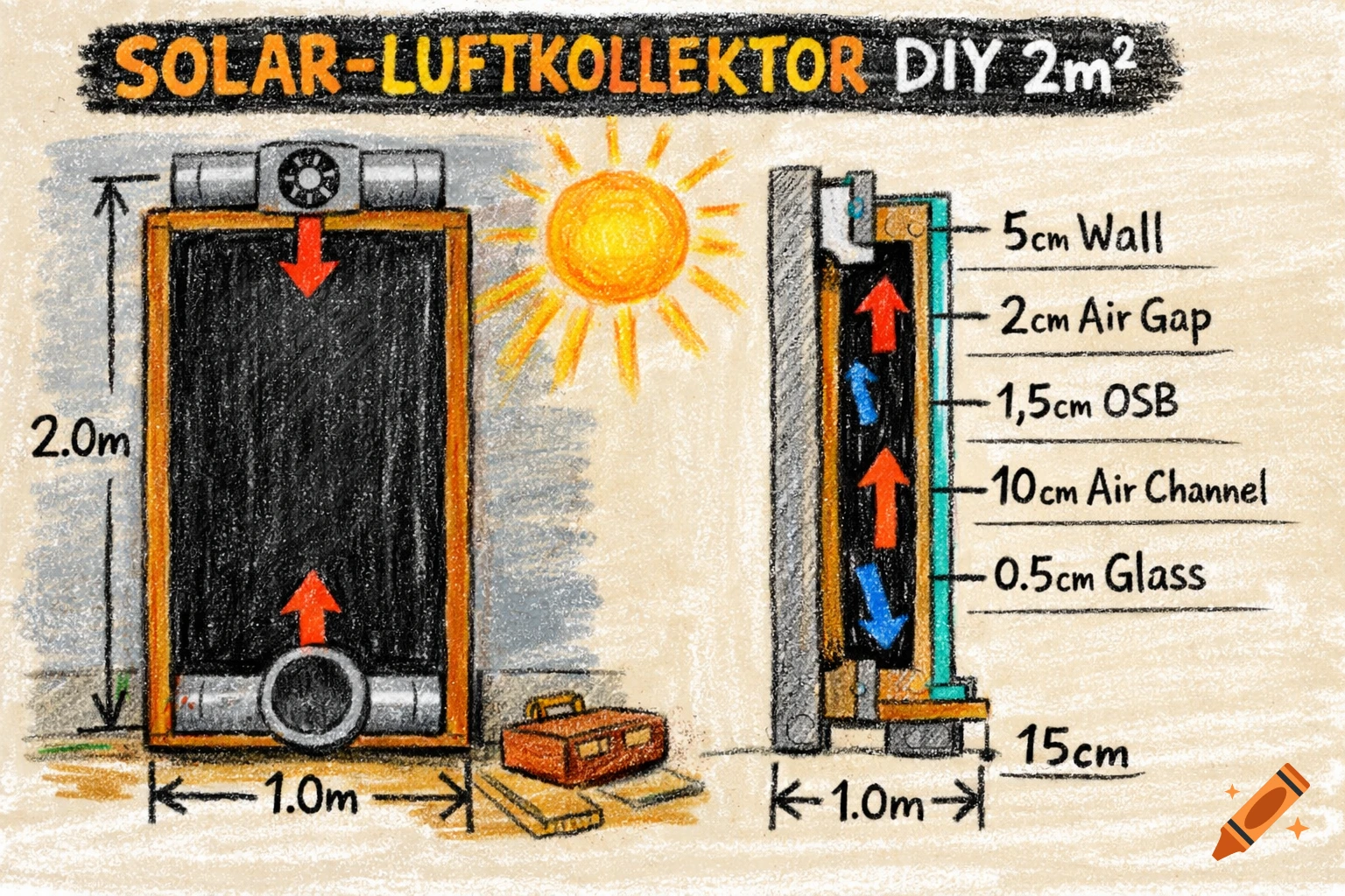 Crayon sketch of a DIY solar air collector, showing a front view with dimensions and a side cross-section with material layers labeled.
