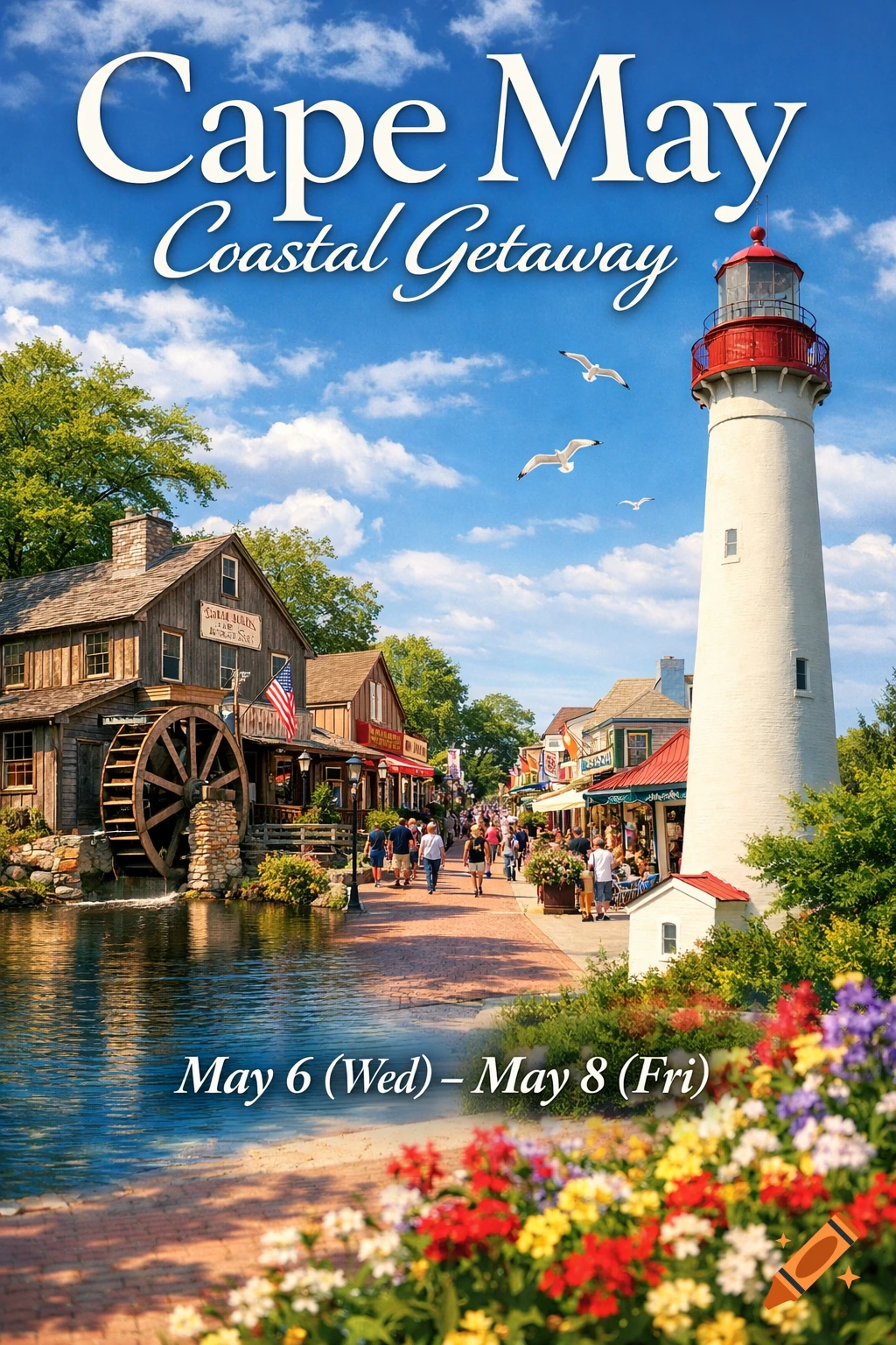 Vibrant poster for a Cape May Coastal Getaway showing a historic mill, a bustling street with shops, a lighthouse, and colorful flowers.