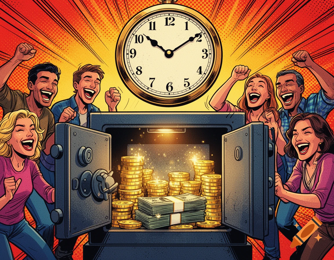 Comic art of jubilant people celebrating an open safe full of gold and cash, with a large clock showing 10:55 above.