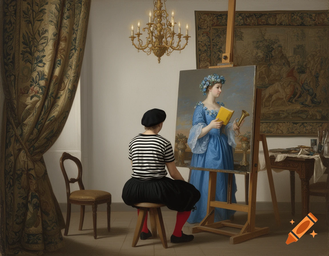 A realistic painting of an artist in a beret and striped shirt, seen from behind, painting a portrait of a woman in a blue dress and flower crown.