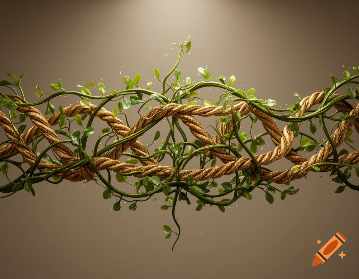 Intertwined golden braided ropes with green vines, leaves, and water droplets against a soft brown background.