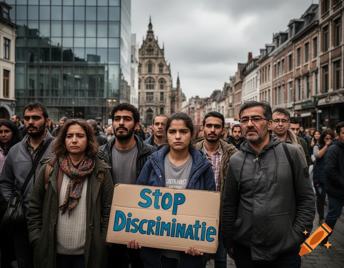 A diverse group of people marches in a city street, a woman holding a 'STOP DISCRIMINATIE' sign. Photorealistic style.
