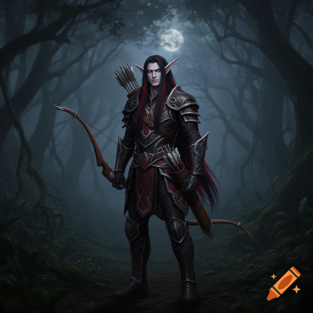 A dark-haired male elf hunter in black and red armor stands in a misty forest under a full moon, holding a bow and quiver.