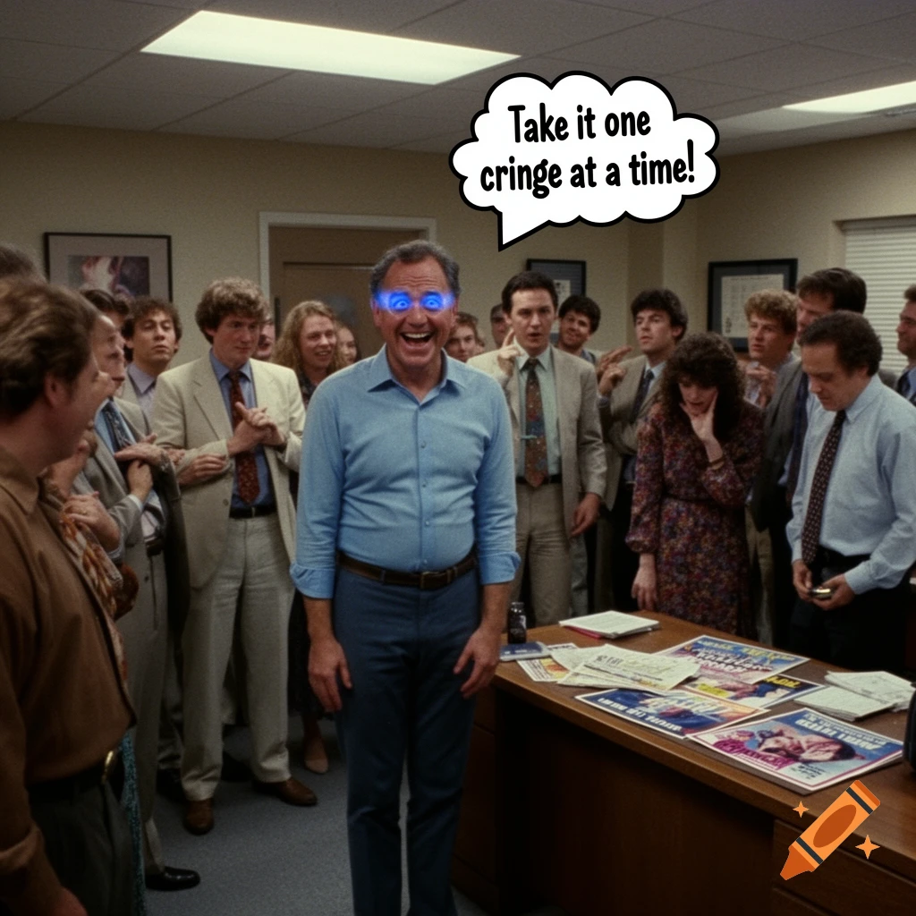 A smiling man with glowing blue eyes in an office, surrounded by coworkers, with a speech bubble saying "Take it one cringe at a time!"