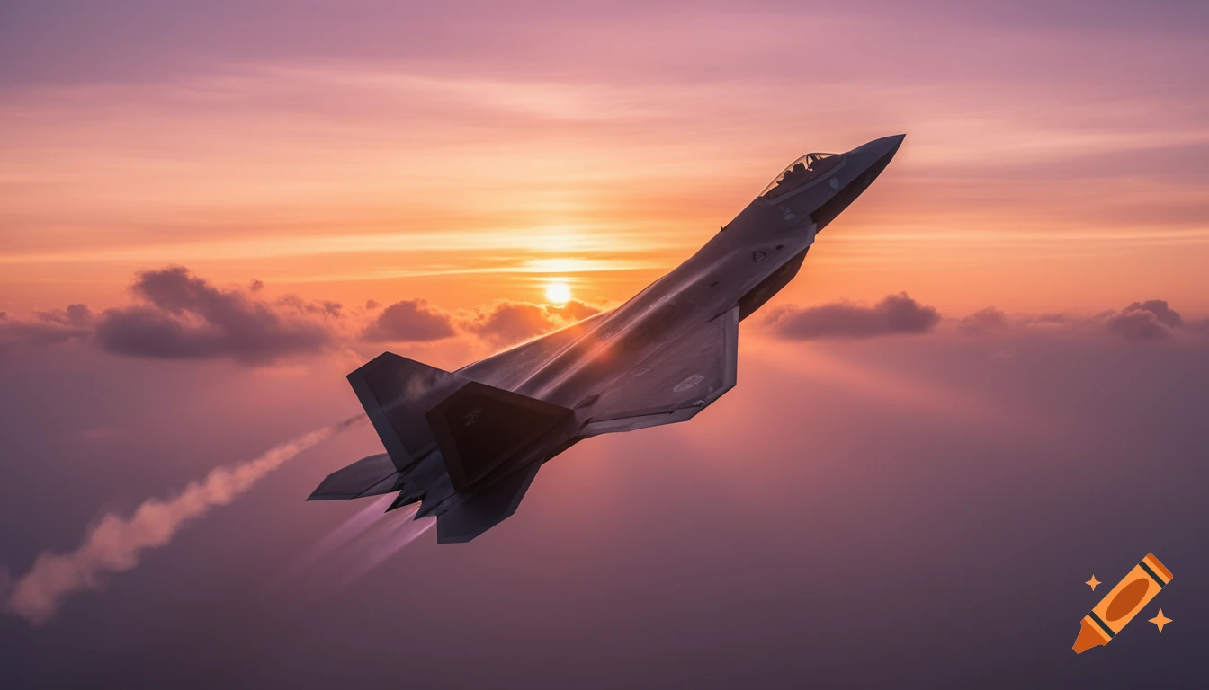 An F-22 stealth fighter jet flies upwards against a vibrant orange and purple sunset sky with clouds.
