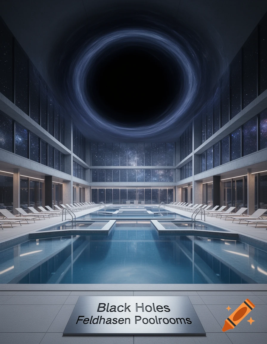 A modern indoor pool hall with multiple pools and lounge chairs, under a ceiling that opens to a black hole and starry night sky.