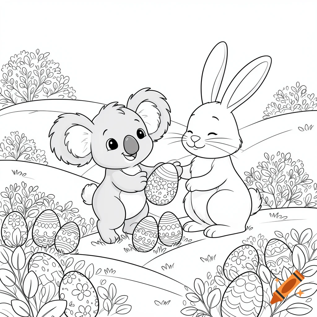 A black and white line drawing for a coloring page shows a koala and a bunny with decorated Easter eggs in a hilly landscape.