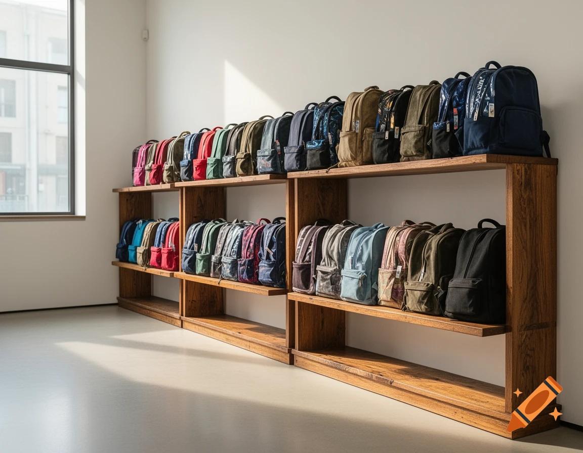 Colorful schoolbags of various designs and materials are neatly arranged upright on two long wooden shelves in a bright, modern room.