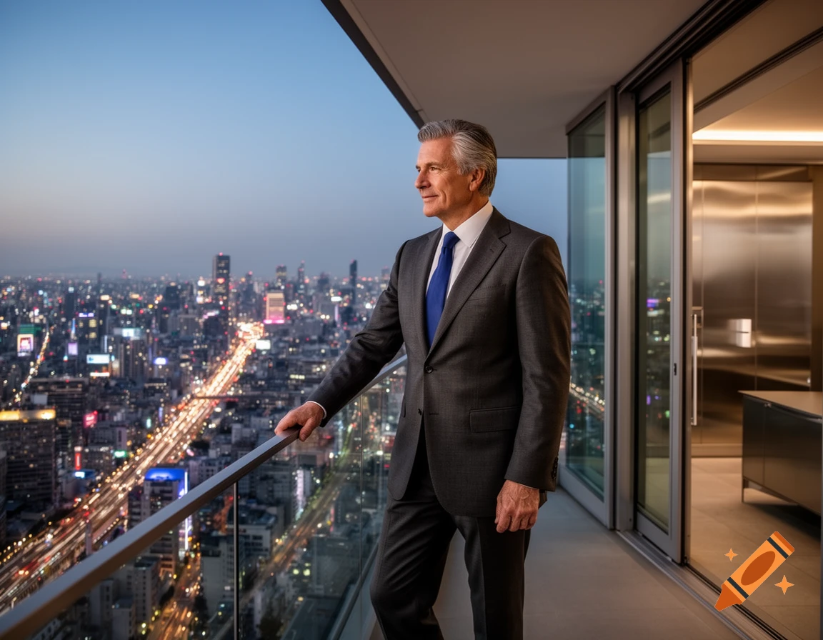 A man in a suit stands on a high-rise balcony, looking out over a ...