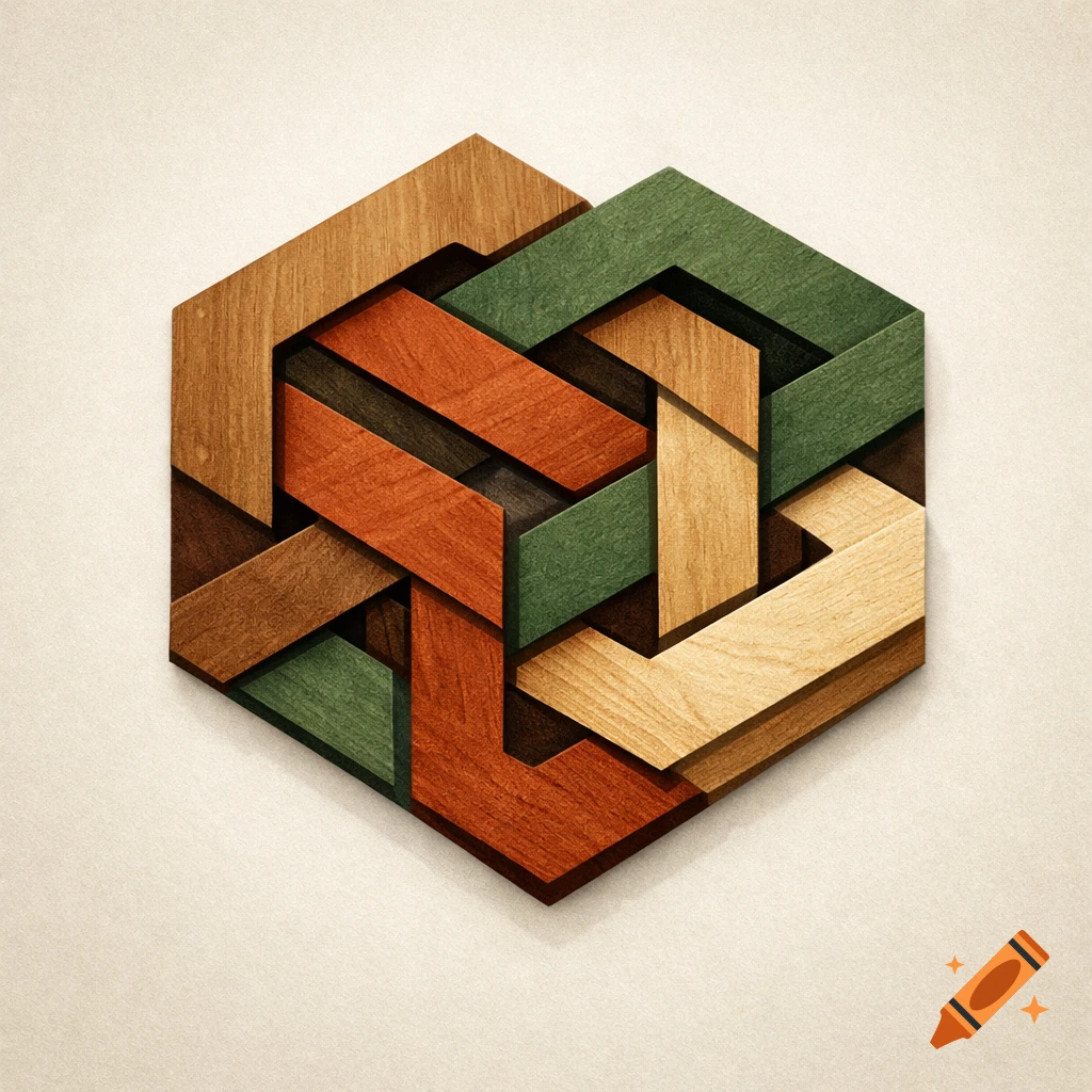 An intricate hexagonal geometric pattern woven from flat, interlocking wooden pieces in shades of green, orange, light brown, and dark brown.