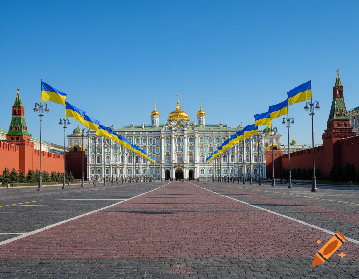 A grand palace with golden domes and a white-blue facade, flanked by red Kremlin walls, with numerous Ukrainian flags lining the paved square under a clear blue sky.