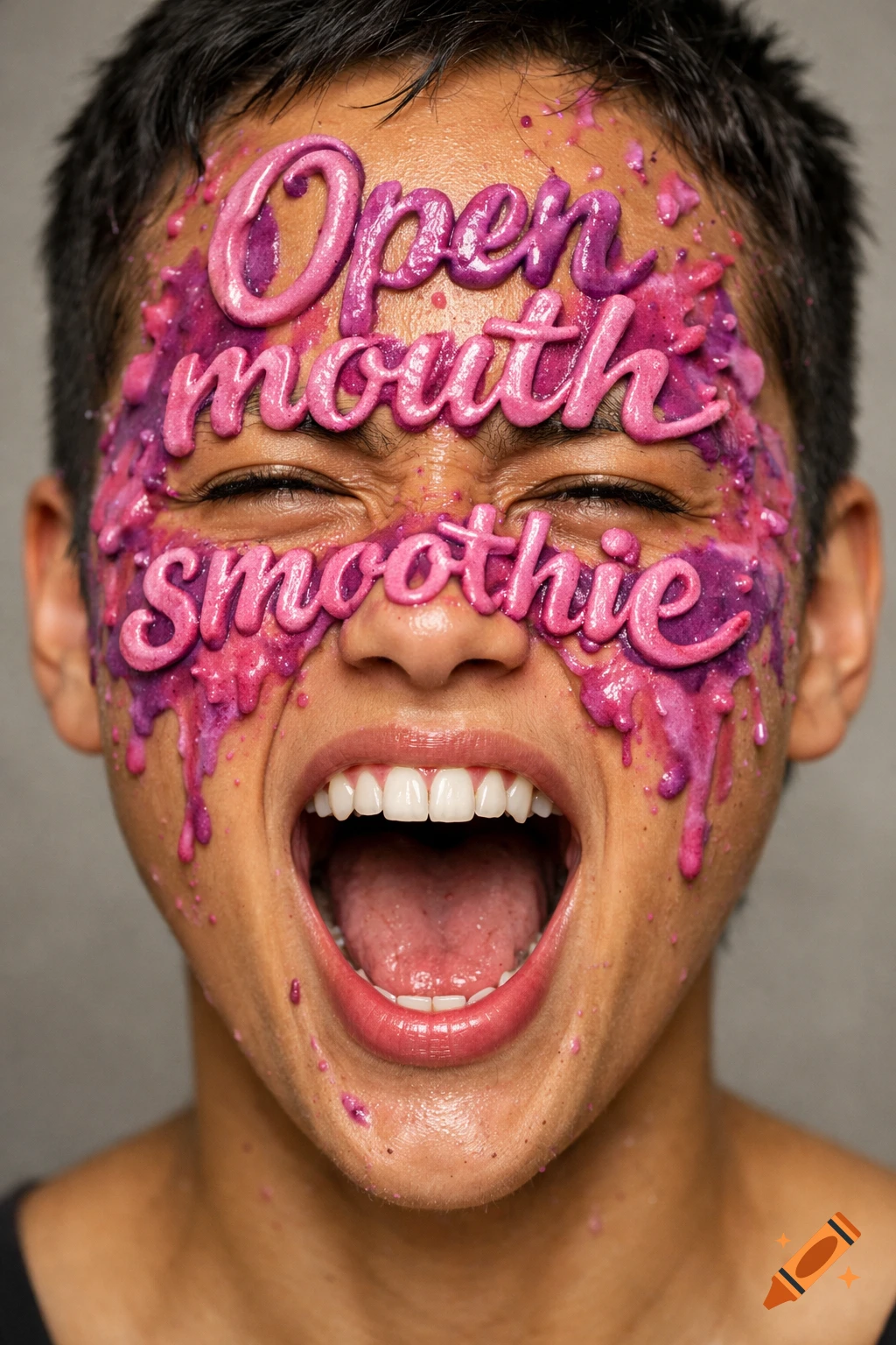 Close-up portrait of a person with "Open mouth smoothie" text made of pink and purple dripping liquid on their face, mouth wide open.