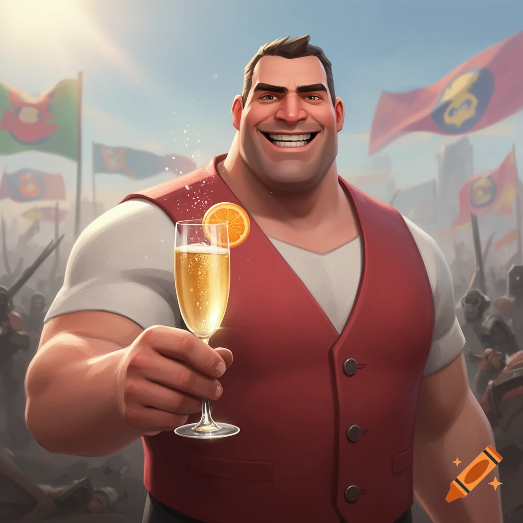 A muscular, smiling man in a red vest holds up a champagne flute with an orange slice, against flags and a cheering crowd.