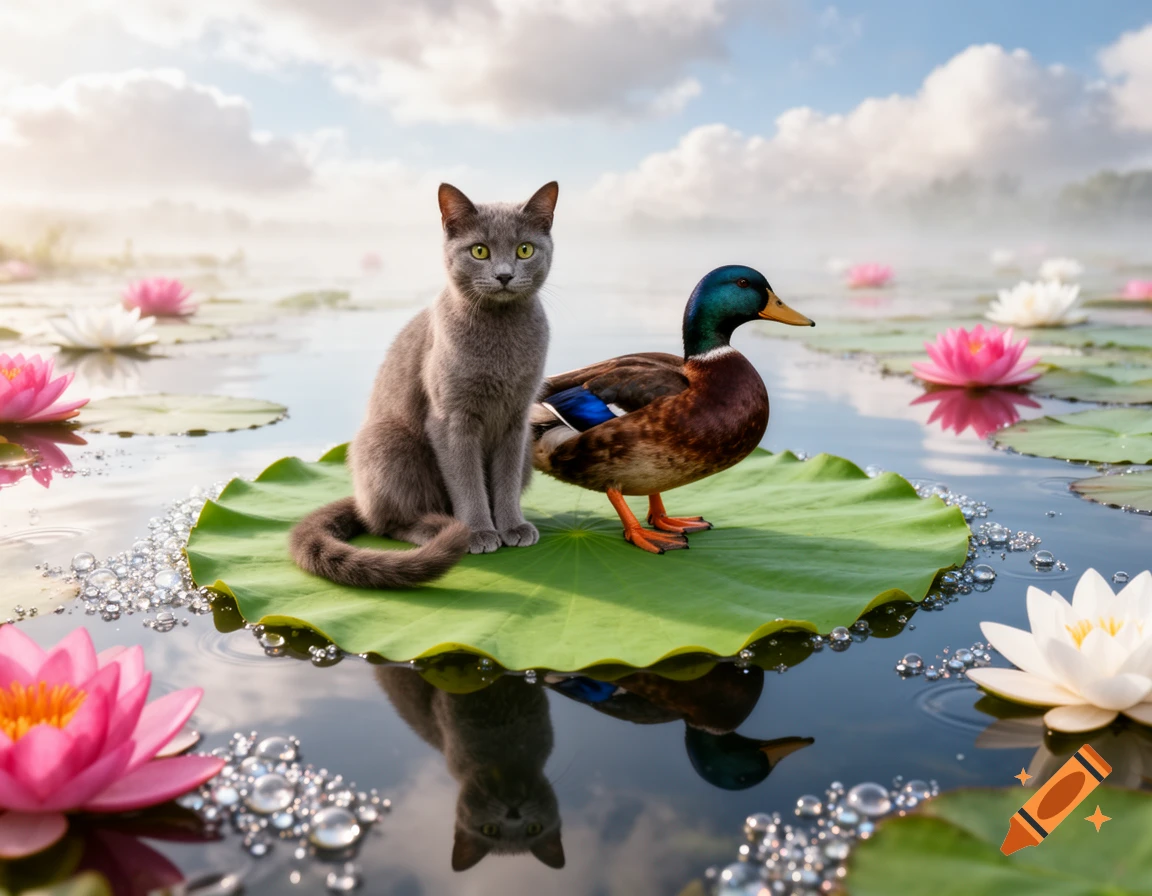 A grey cat and a mallard duck sit together on a large lily pad in a pond filled with pink and white water lilies under a bright sky.