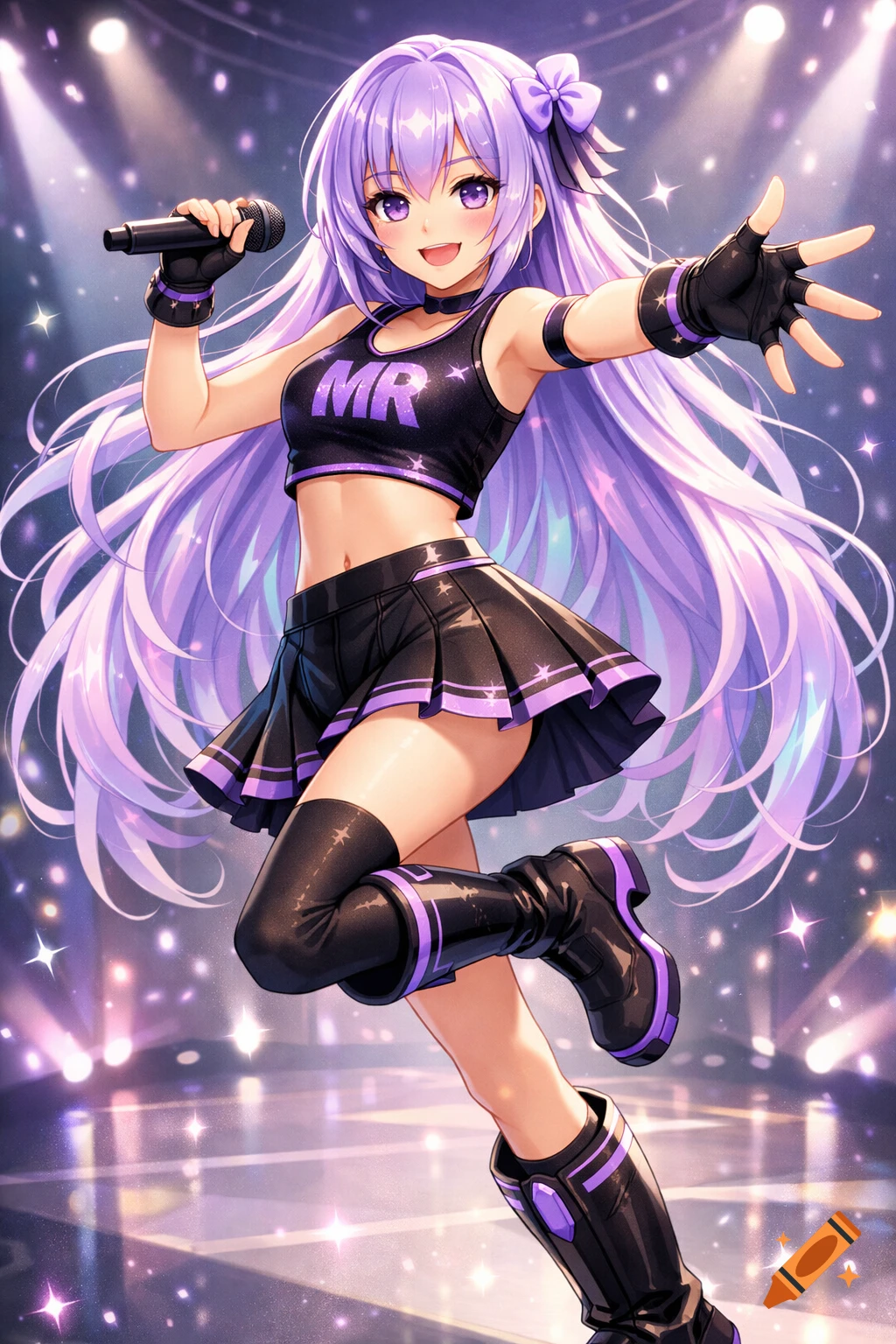 Anime female idol with long lilac hair, wearing a black crop top with 'MR' logo and pleated skirt, singing on a sparkling stage.