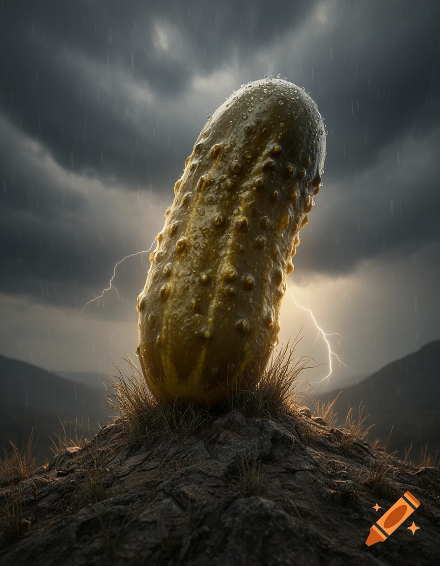 A giant, wet pickle stands upright on a rocky hill during a stormy night with rain and lightning.