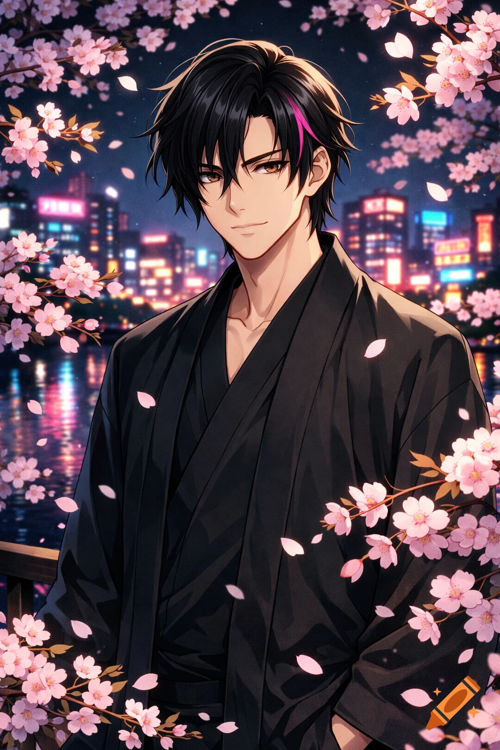 An anime male character in a black kimono stands among cherry blossoms at night with a neon city skyline in the background.