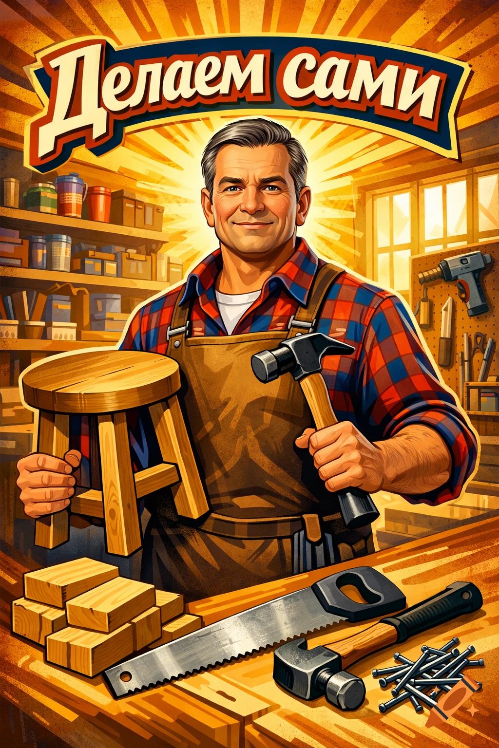 Smiling man in a carpentry workshop, holding a wooden stool and hammer. Tools and wood on table. Vintage graphic art with 'Делаем сами' text.