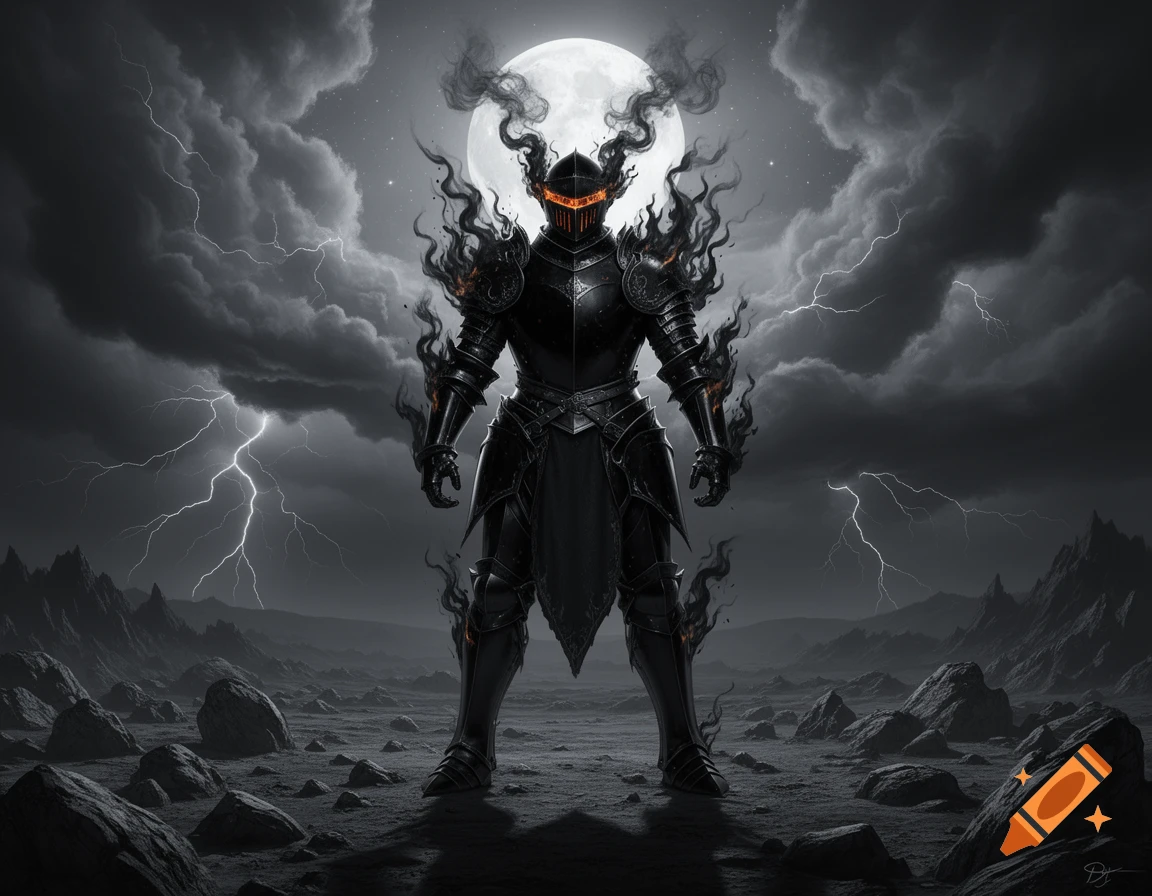 A dark knight in black armor, wreathed in black flames, stands on a rocky plain under a full moon and lightning-streaked storm clouds.