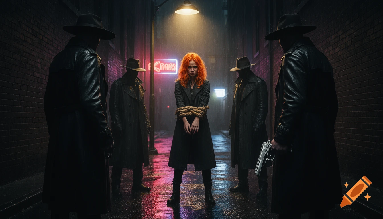 A defiant woman with orange hair, hands bound with rope, stands in a rainy alley. Four shadowy figures in trench coats surround her, one holding a gun. Cinematic digital art.