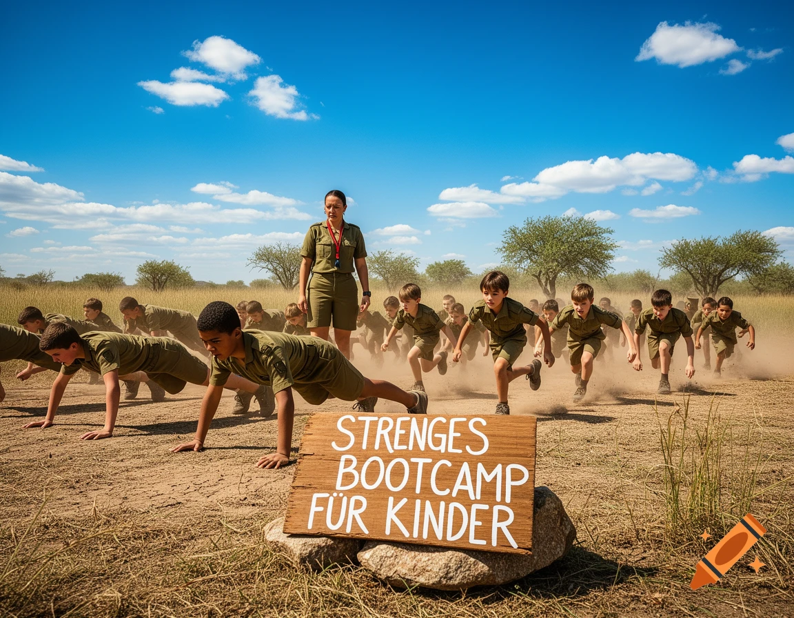 A group of boys in green uniforms doing exercises and running on a dusty field, supervised by a woman, with a sign reading 'STRENGES BOOTCAMP FÜR KINDER'.