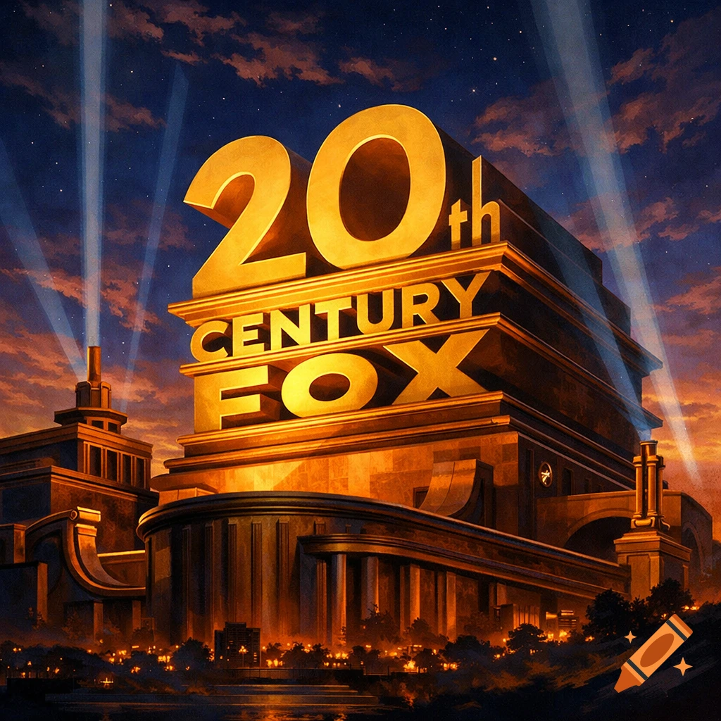 Dramatic, golden 20th Century Fox logo structure illuminated by spotlights against an evening sky with clouds.