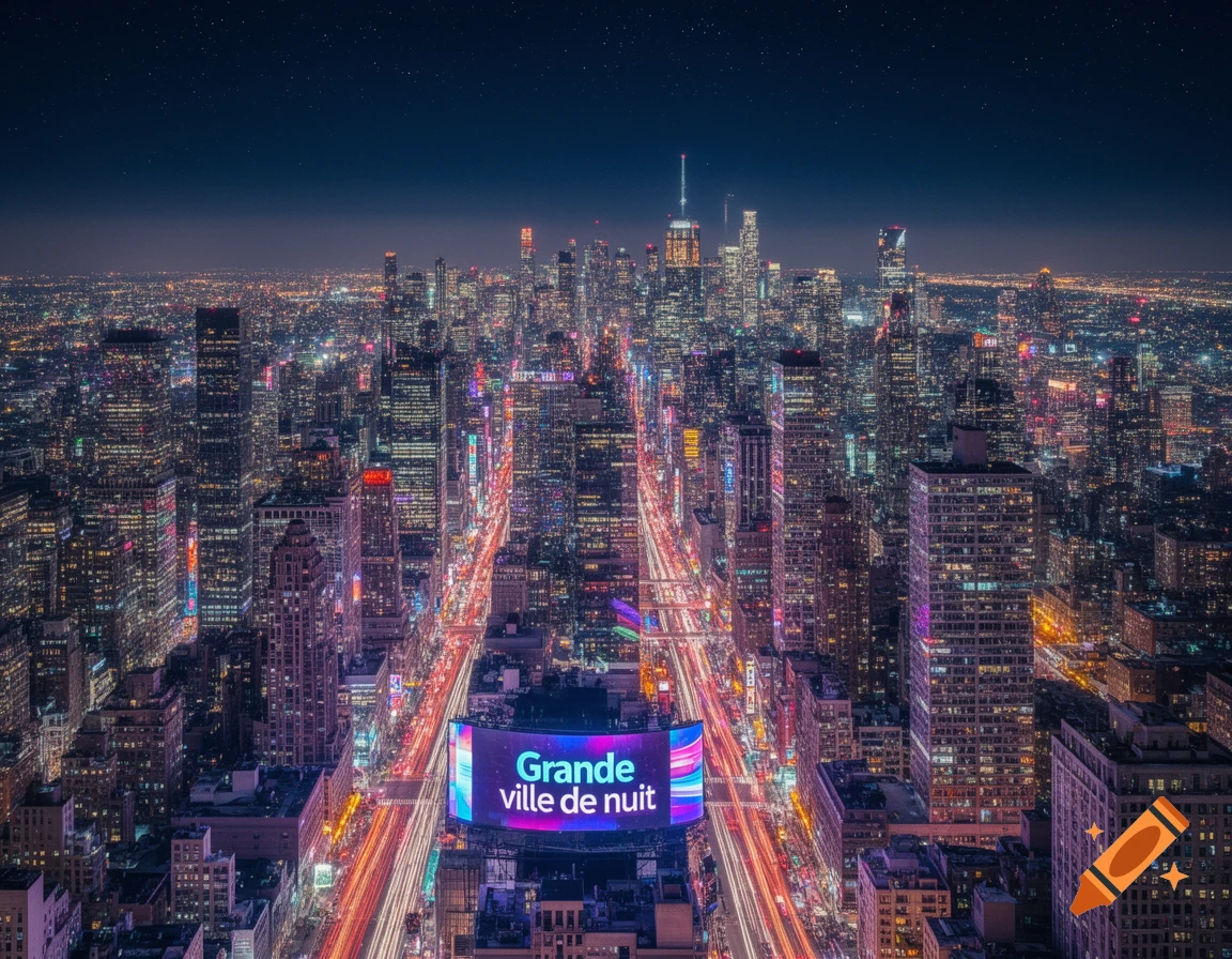 Photorealistic aerial view of a vibrant city at night with illuminated skyscrapers and light trails on streets. Billboard shows 'Grande ville de nuit'.