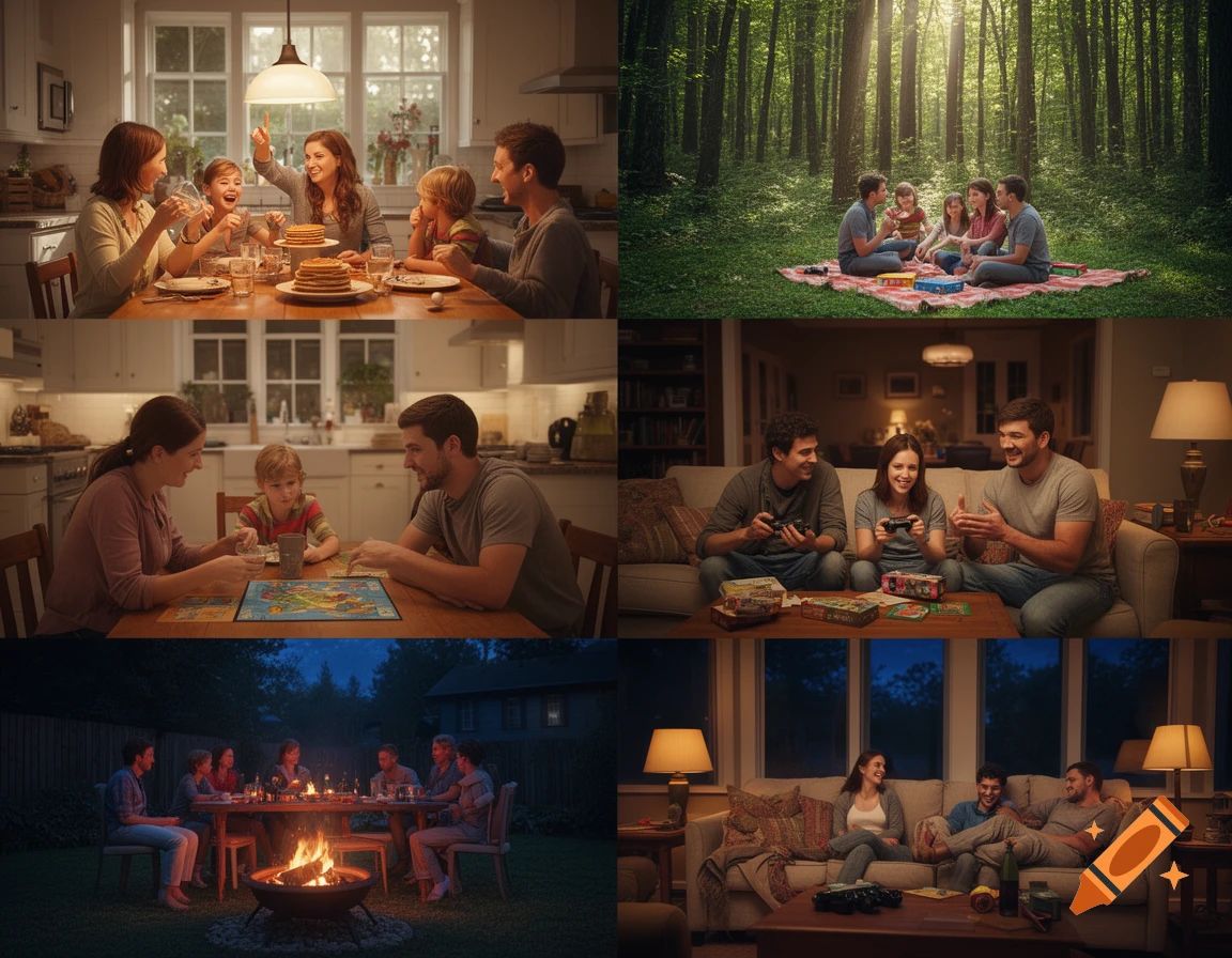 A collage showing a family enjoying various activities: eating pancakes in the kitchen, having a picnic in a forest, playing board games, playing video games, grilling outdoors, and relaxing on a couch.
