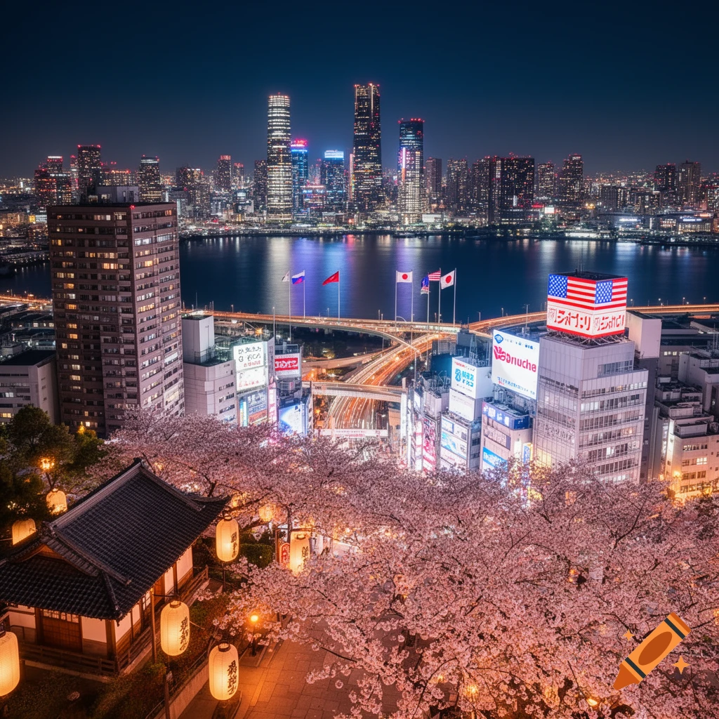 Nighttime aerial view of a vibrant cityscape with modern skyscrapers and a traditional temple amidst blooming cherry blossoms. A billboard prominently displays a US flag with "JAPAN" written beneath it.