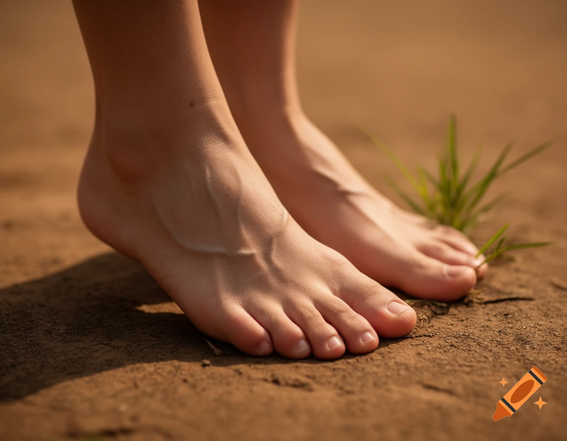 A close-up, photorealistic shot of two bare feet standing on sandy ground with green grass in the background.