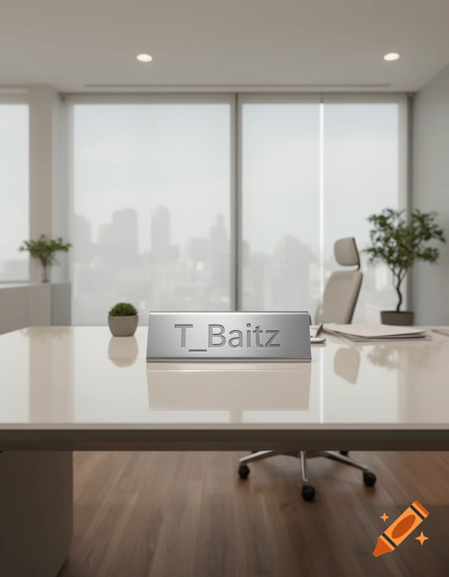 Photorealistic image of an empty, modern office with a desk, chair, and a nameplate reading "T_Baitz".