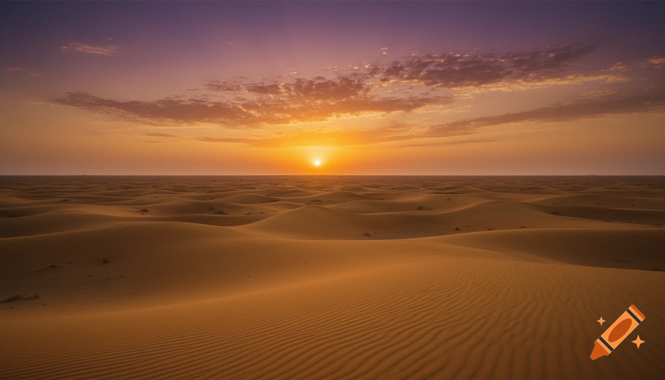 A dramatic sunset over a vast desert with golden sand dunes stretching ...