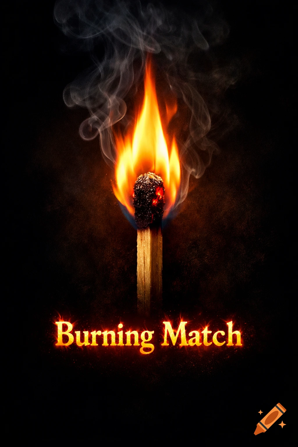 A photorealistic burning matchstick with a bright orange flame and smoke rising, set against a dark background, with the text "Burning Match" below.
