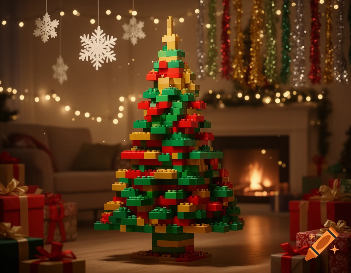 A colorful Christmas tree made of red, green, and yellow LEGO bricks stands in a festive room with fairy lights, gifts, and a fireplace.